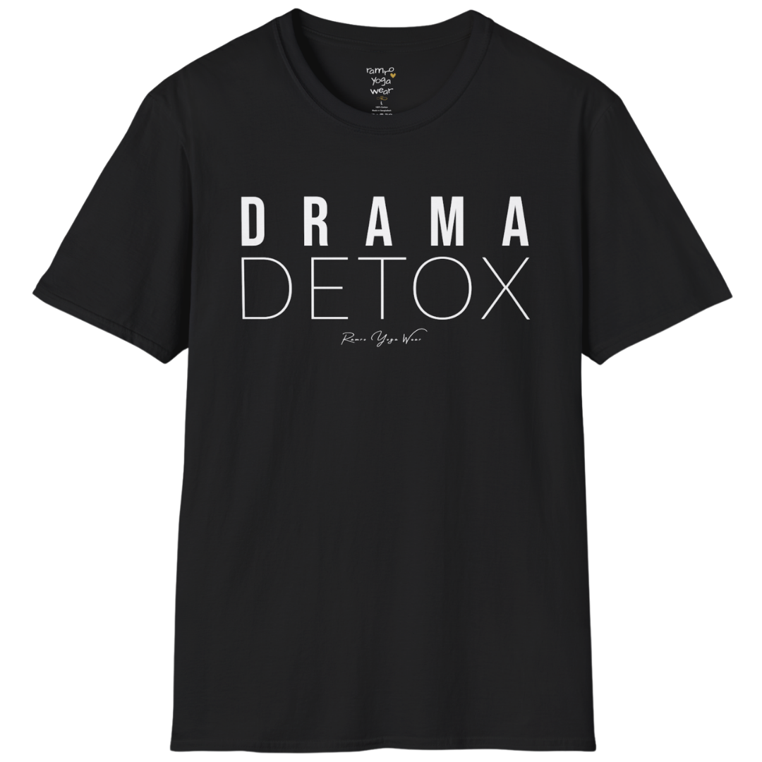 "Drama Detox" stacked sans-serif text design — The Vault collection by Ramro Yoga Wear, Black.