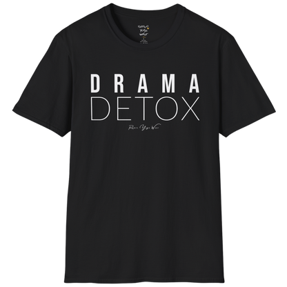 "Drama Detox" stacked sans-serif text design — The Vault collection by Ramro Yoga Wear, Black.