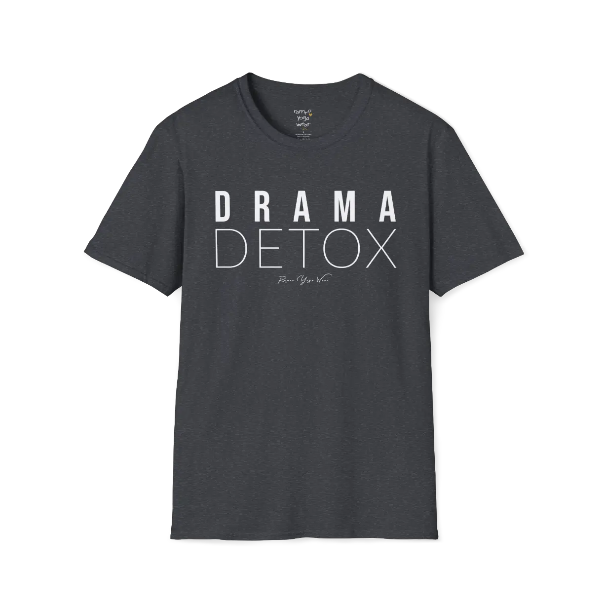 "Drama Detox" stacked sans-serif text design — The Vault collection by Ramro Yoga Wear, Dark Heather Grey.