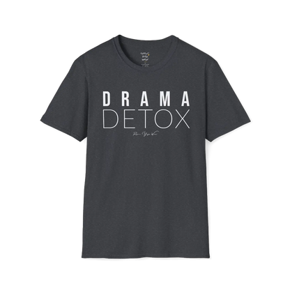"Drama Detox" stacked sans-serif text design — The Vault collection by Ramro Yoga Wear, Dark Heather Grey.