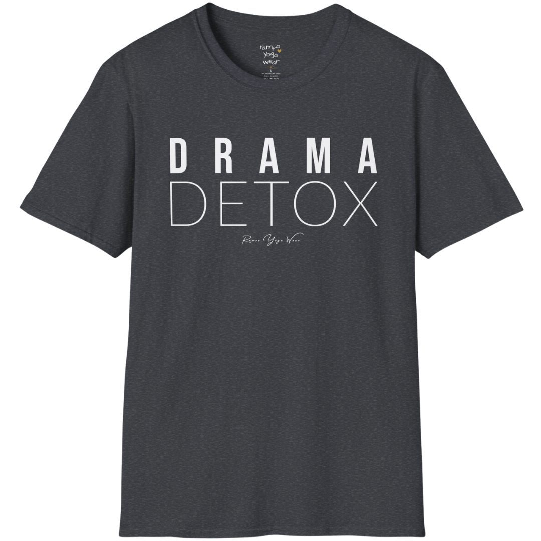 "Drama Detox" stacked sans-serif text design — The Vault collection by Ramro Yoga Wear, Dark Heather Grey.