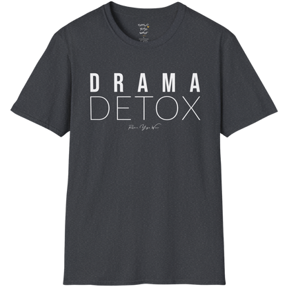 "Drama Detox" stacked sans-serif text design — The Vault collection by Ramro Yoga Wear, Dark Heather Grey.