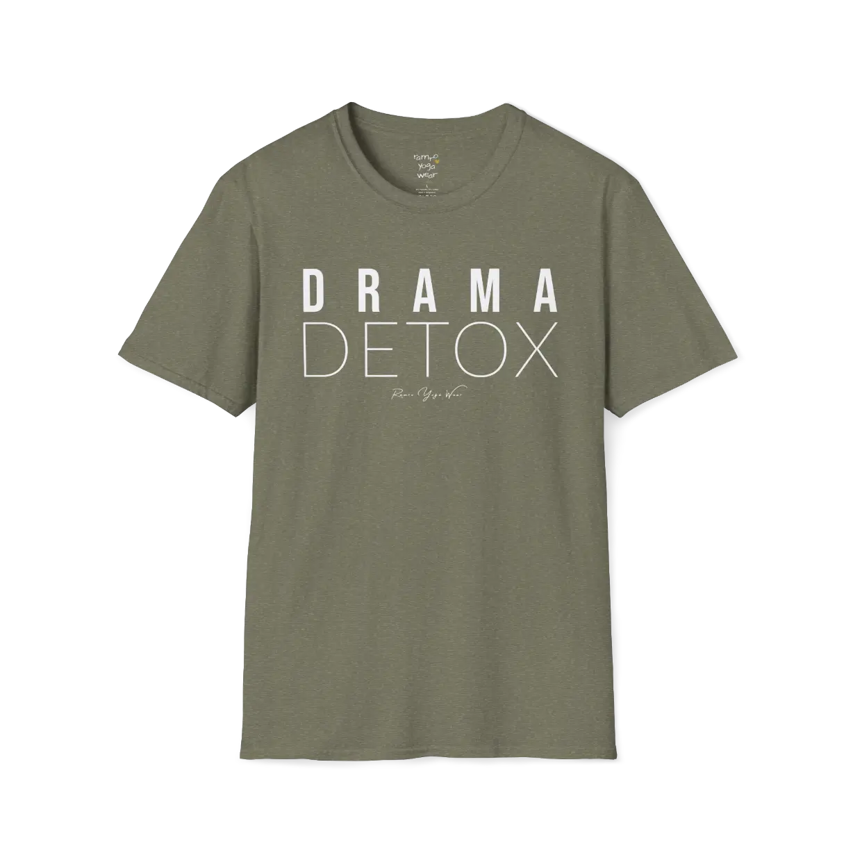 "Drama Detox" stacked sans-serif text design — The Vault collection by Ramro Yoga Wear, Heather Military Green.