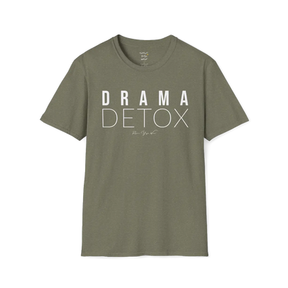 "Drama Detox" stacked sans-serif text design — The Vault collection by Ramro Yoga Wear, Heather Military Green.