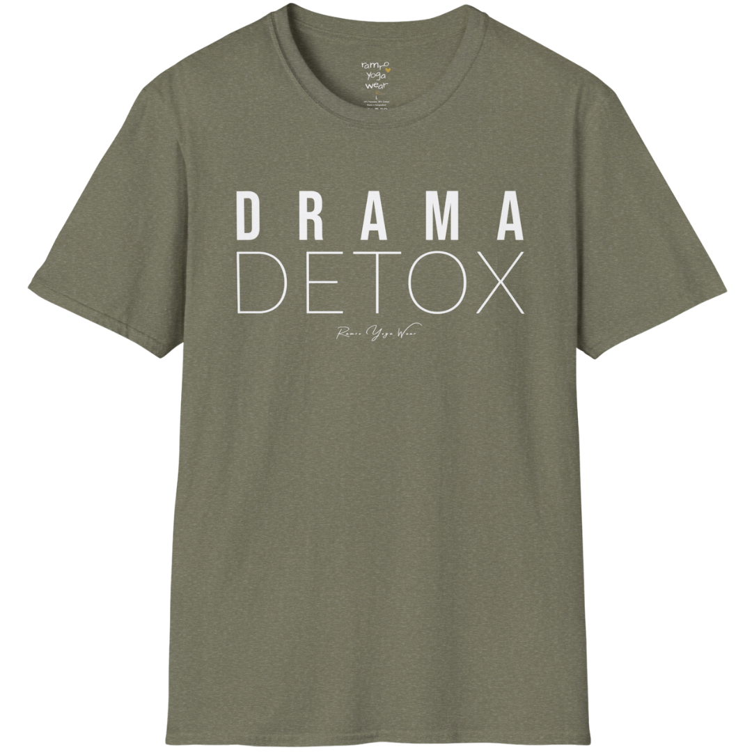 "Drama Detox" stacked sans-serif text design — The Vault collection by Ramro Yoga Wear, Heather Military Green.