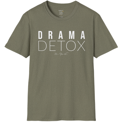 "Drama Detox" stacked sans-serif text design — The Vault collection by Ramro Yoga Wear, Heather Military Green.