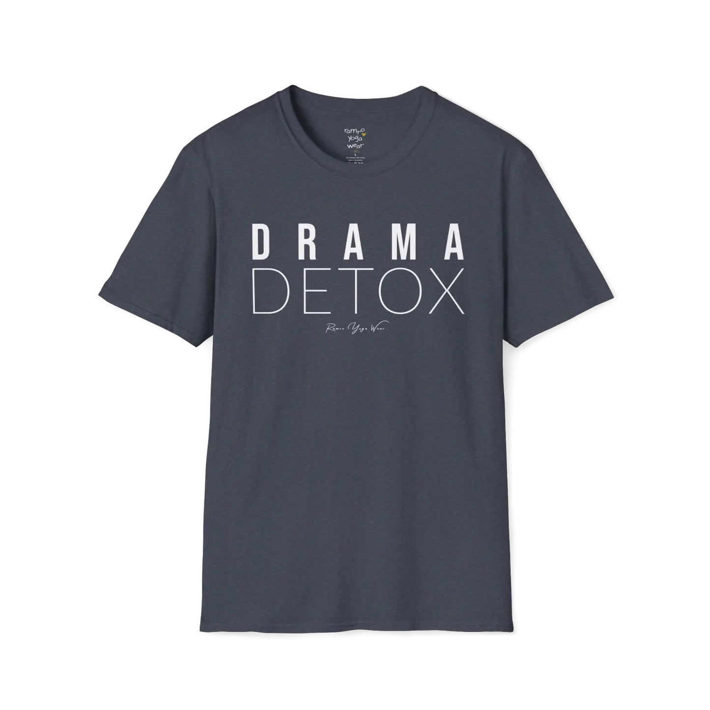 "Drama Detox" stacked sans-serif text design — The Vault collection by Ramro Yoga Wear, Heather Navy.