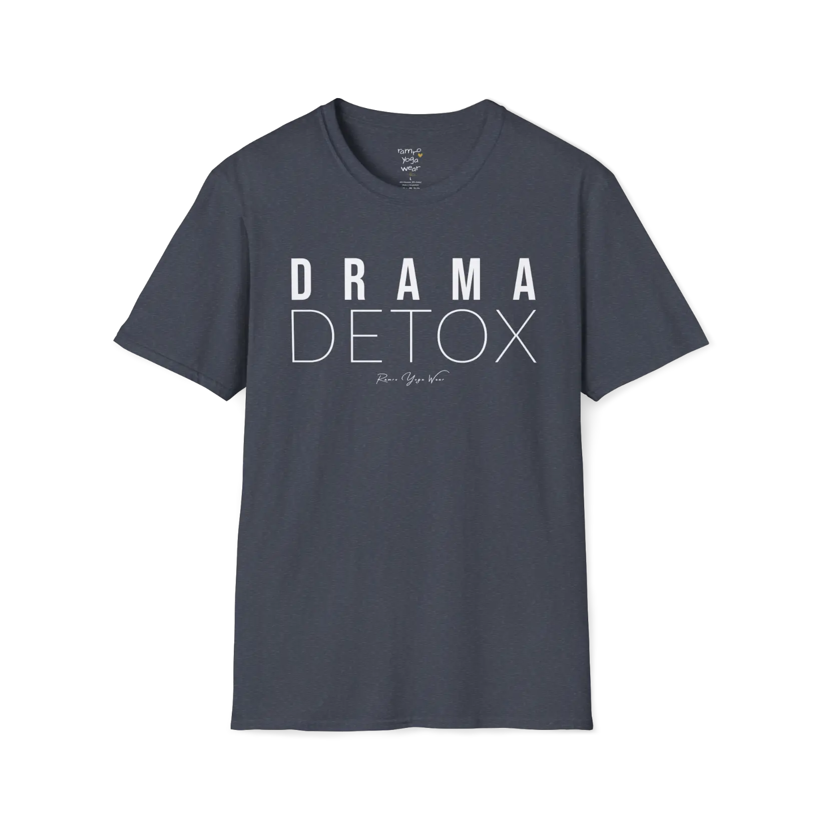 "Drama Detox" stacked sans-serif text design — The Vault collection by Ramro Yoga Wear, Heather Navy.