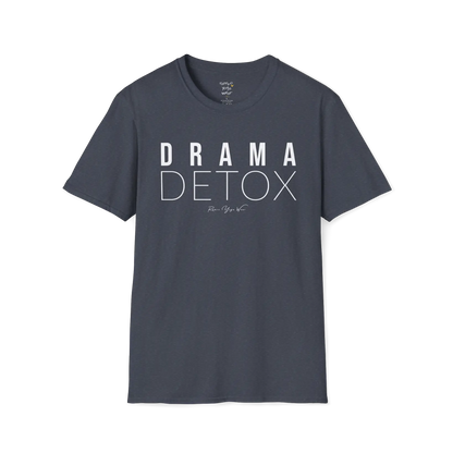 "Drama Detox" stacked sans-serif text design — The Vault collection by Ramro Yoga Wear, Heather Navy.