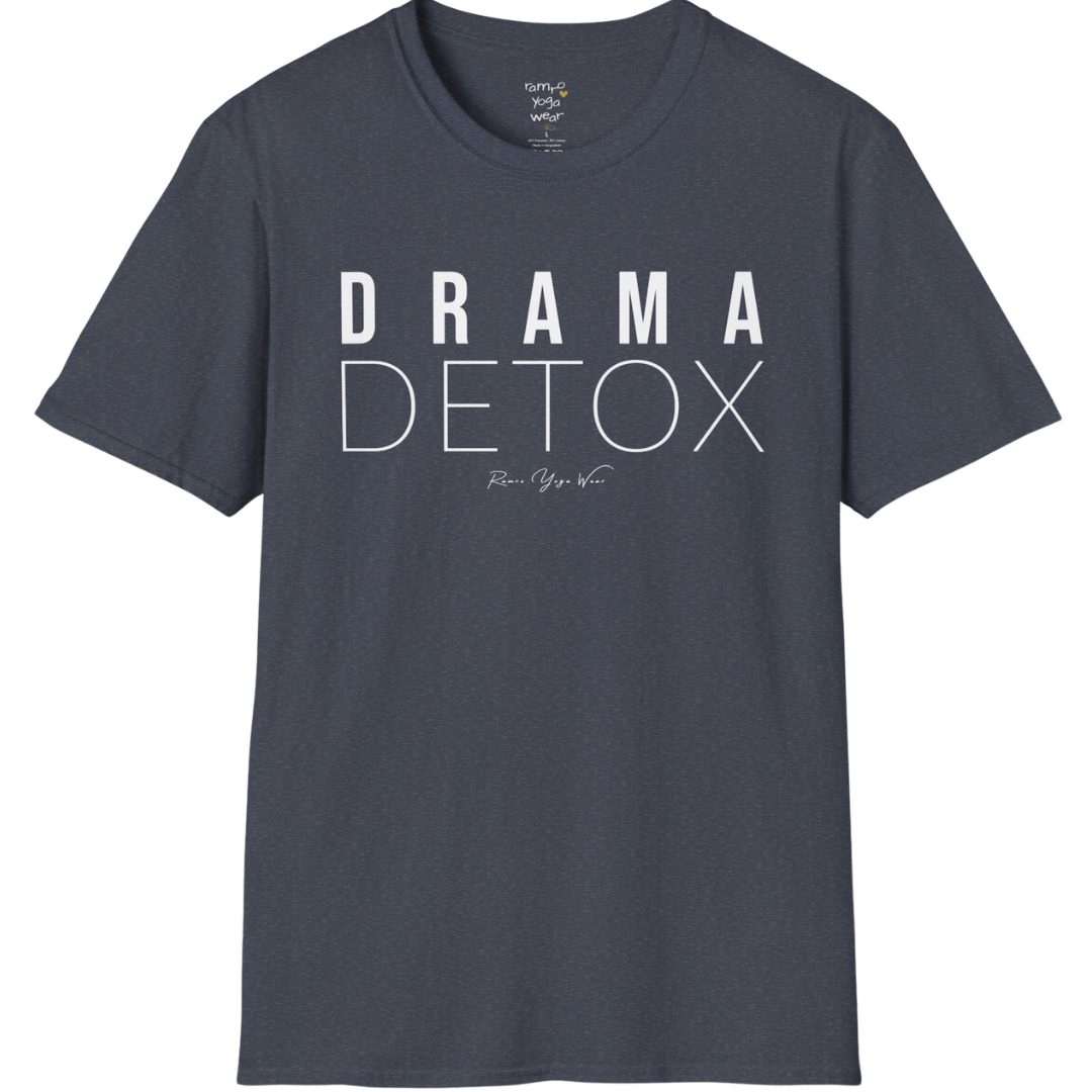 "Drama Detox" stacked sans-serif text design — The Vault collection by Ramro Yoga Wear, Heather Navy.