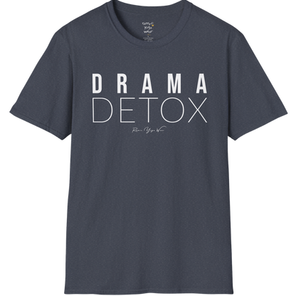 "Drama Detox" stacked sans-serif text design — The Vault collection by Ramro Yoga Wear, Heather Navy.