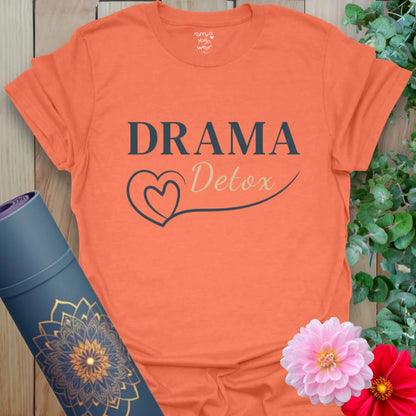 Drama Detox T-Shirt in Heather Orange with modern type and gentle tone. Ideal yoga shirt for daily chill and mindful movement.