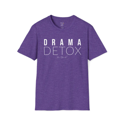 "Drama Detox" stacked sans-serif text design — The Vault collection by Ramro Yoga Wear, Heather Purple.