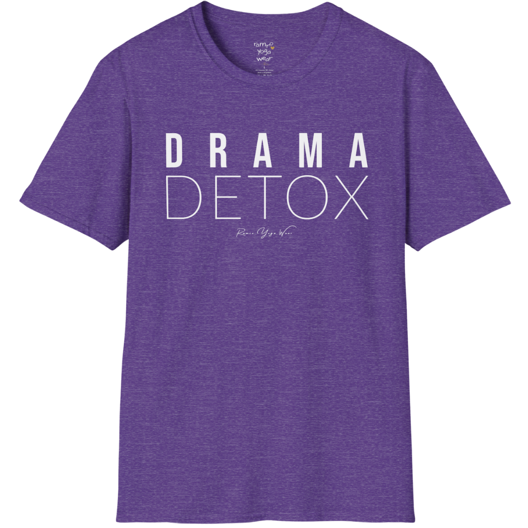 "Drama Detox" stacked sans-serif text design — The Vault collection by Ramro Yoga Wear, Heather Purple.