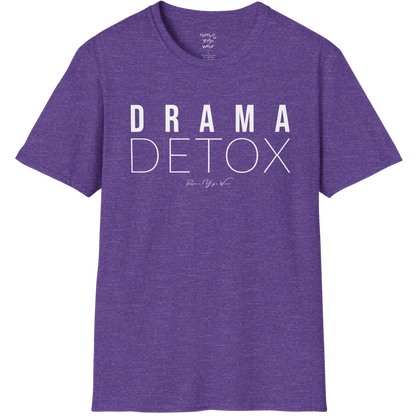 "Drama Detox" stacked sans-serif text design — The Vault collection by Ramro Yoga Wear, Heather Purple.