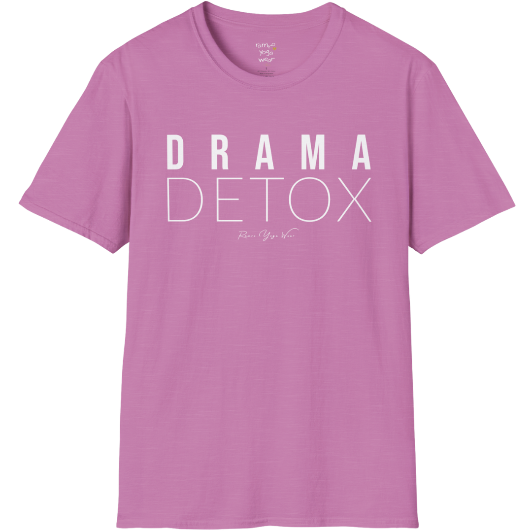 "Drama Detox" stacked sans-serif text design — The Vault collection by Ramro Yoga Wear, Heather Radiant Orchid.