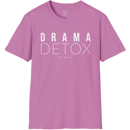 "Drama Detox" stacked sans-serif text design — The Vault collection by Ramro Yoga Wear, Heather Radiant Orchid.