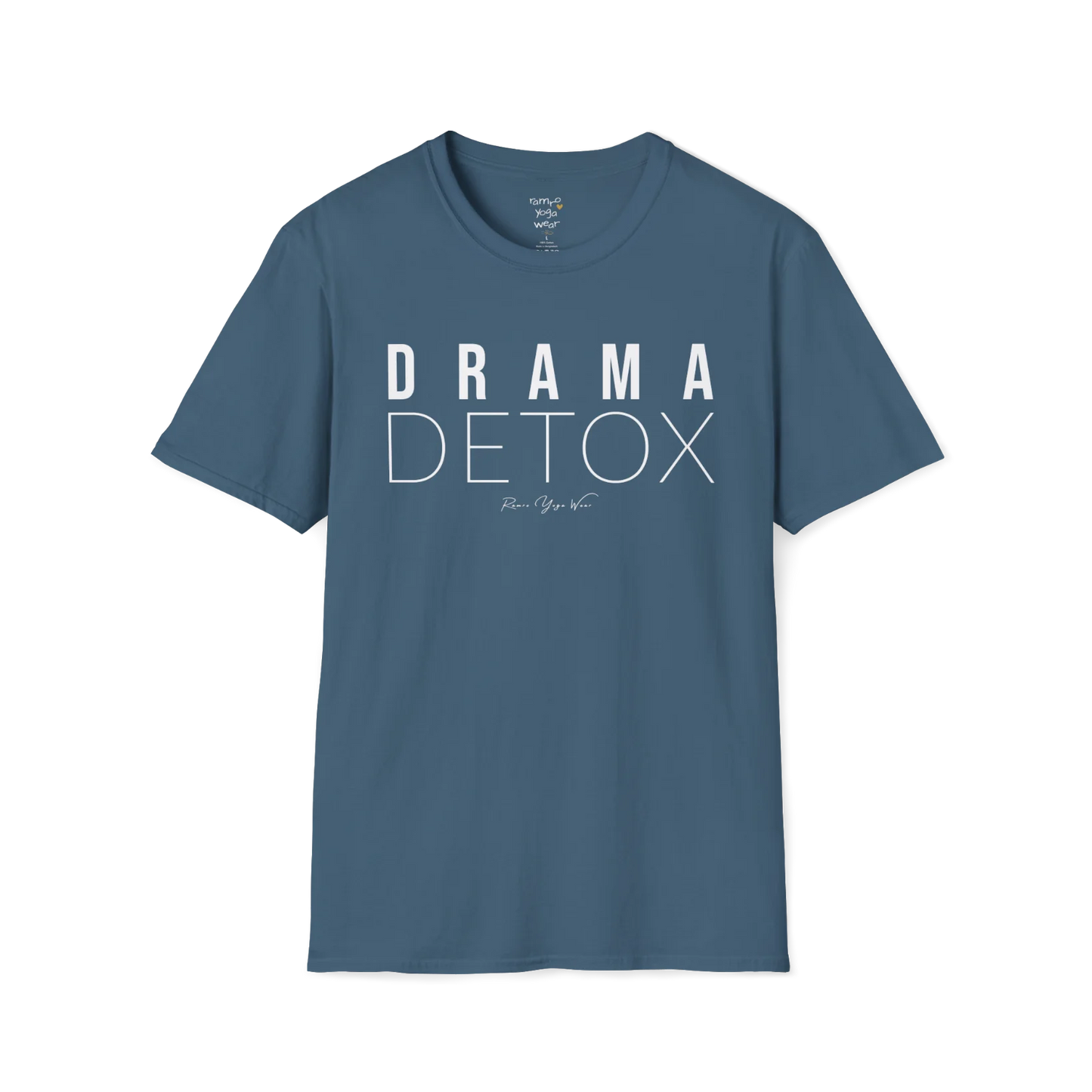 "Drama Detox" stacked sans-serif text design — The Vault collection by Ramro Yoga Wear, Indigo Blue.