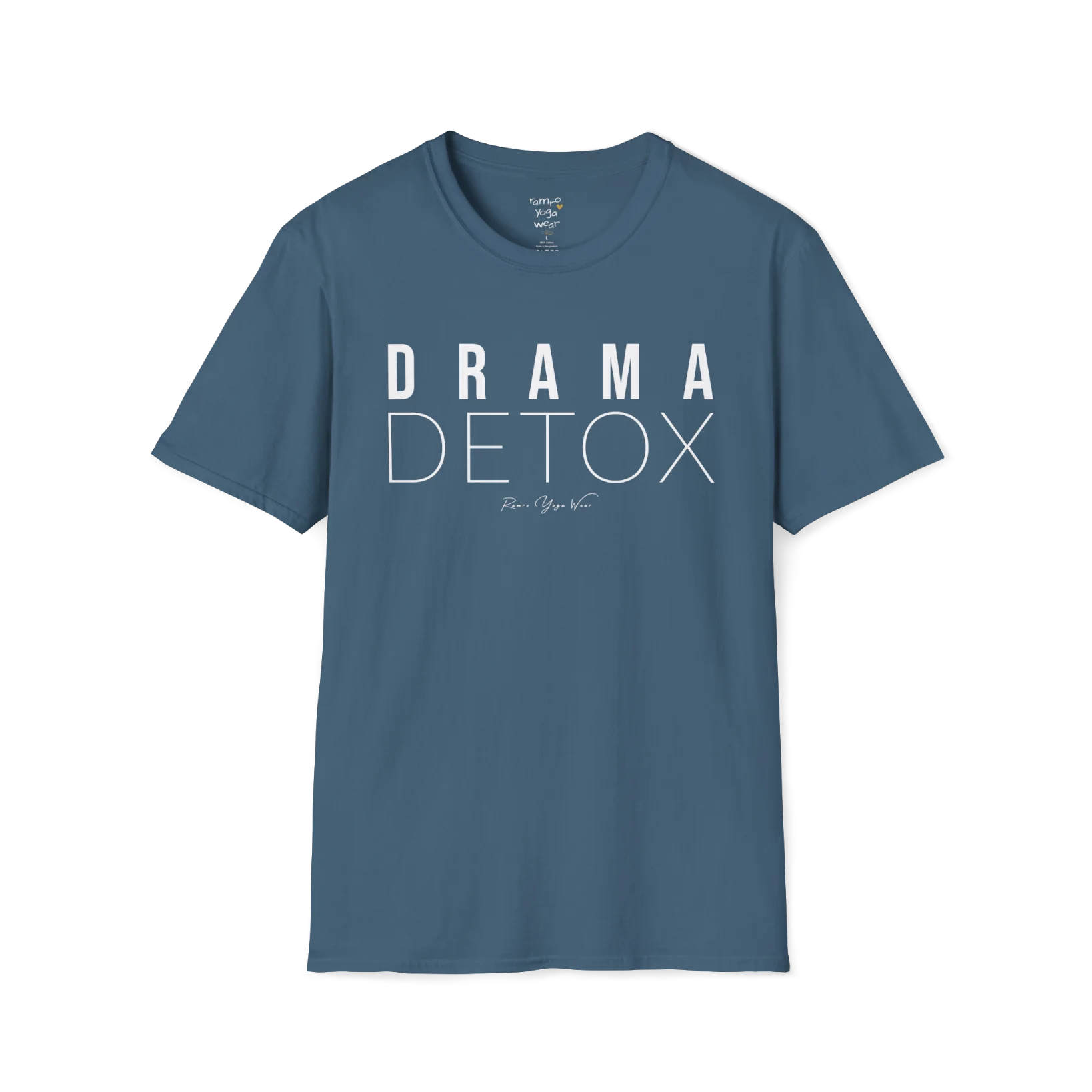 "Drama Detox" stacked sans-serif text design — The Vault collection by Ramro Yoga Wear, Indigo Blue.