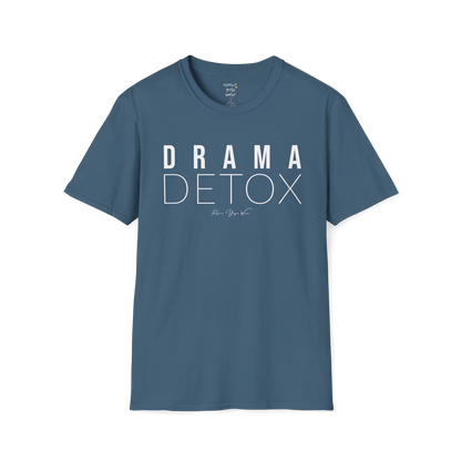 "Drama Detox" stacked sans-serif text design — The Vault collection by Ramro Yoga Wear, Indigo Blue.
