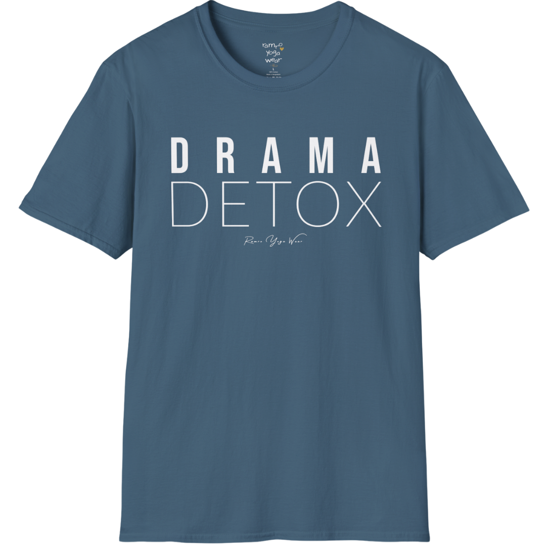 "Drama Detox" stacked sans-serif text design — The Vault collection by Ramro Yoga Wear, Indigo Blue.