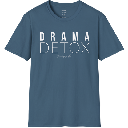 "Drama Detox" stacked sans-serif text design — The Vault collection by Ramro Yoga Wear, Indigo Blue.