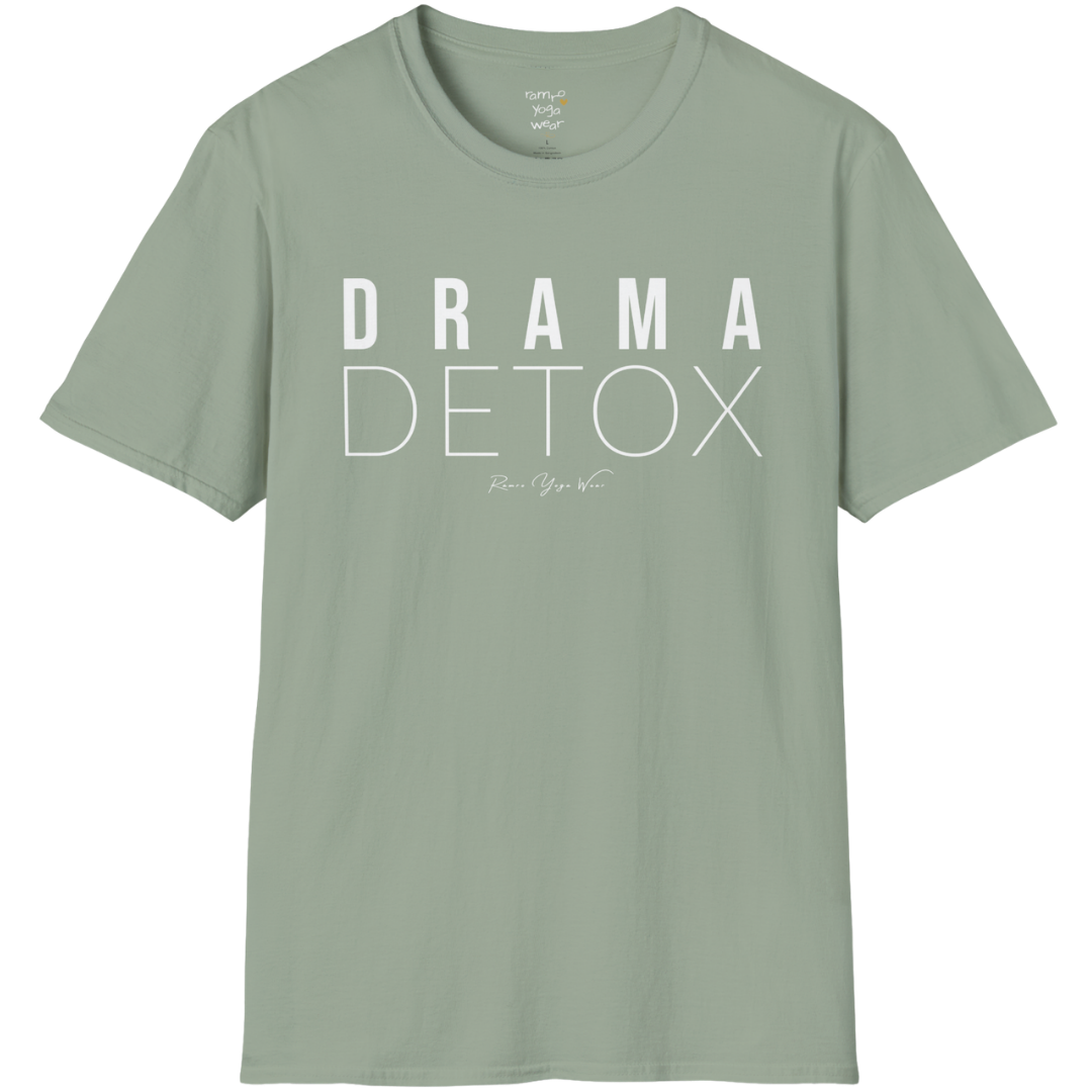 "Drama Detox" stacked sans-serif text design — The Vault collection by Ramro Yoga Wear, Sage. 