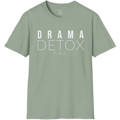 "Drama Detox" stacked sans-serif text design — The Vault collection by Ramro Yoga Wear, Sage. 