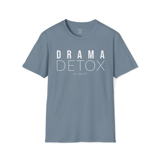 "Drama Detox" stacked sans-serif text design — The Vault collection by Ramro Yoga Wear, Stone Blue.