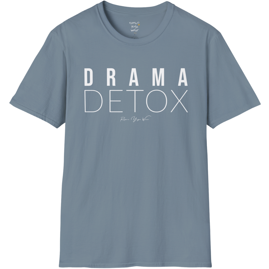 "Drama Detox" stacked sans-serif text design — The Vault collection by Ramro Yoga Wear, Stone Blue.