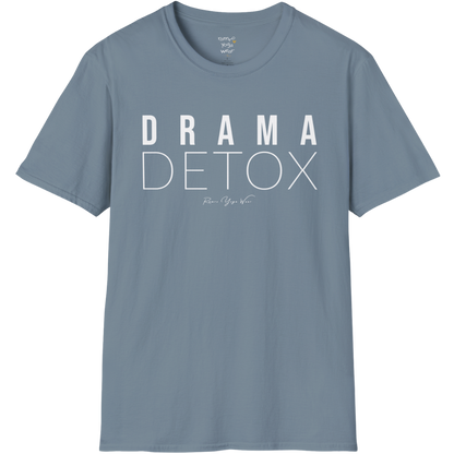 "Drama Detox" stacked sans-serif text design — The Vault collection by Ramro Yoga Wear, Stone Blue.