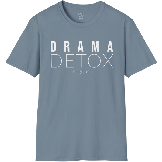 "Drama Detox" stacked sans-serif text design — The Vault collection by Ramro Yoga Wear, Stone Blue.