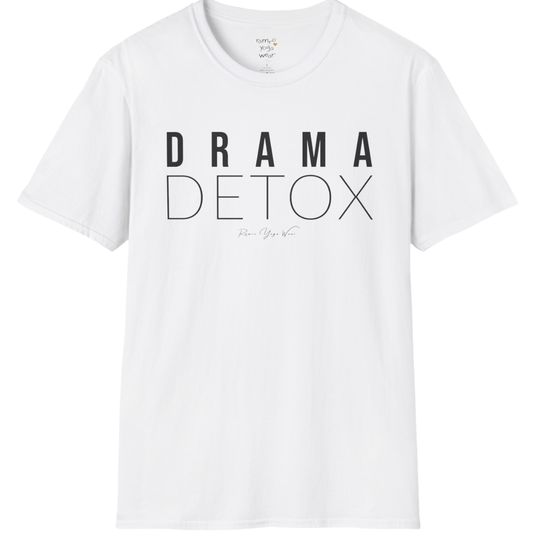 "Drama Detox" stacked sans-serif text design — The Vault collection by Ramro Yoga Wear, White.
