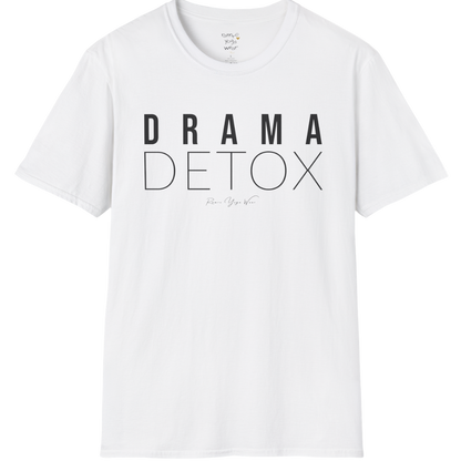 "Drama Detox" stacked sans-serif text design — The Vault collection by Ramro Yoga Wear, White.