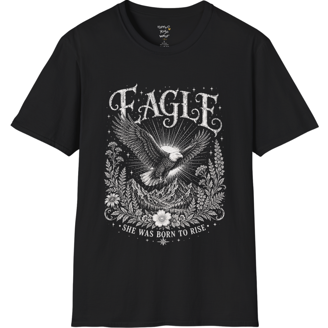 Ramro Yoga Wear Eagle tee in Black — eagle in flight sun rays botanical vintage design, flat lay product shot