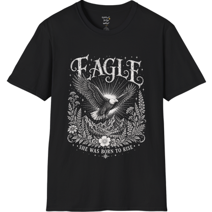 Ramro Yoga Wear Eagle tee in Black — eagle in flight sun rays botanical vintage design, flat lay product shot