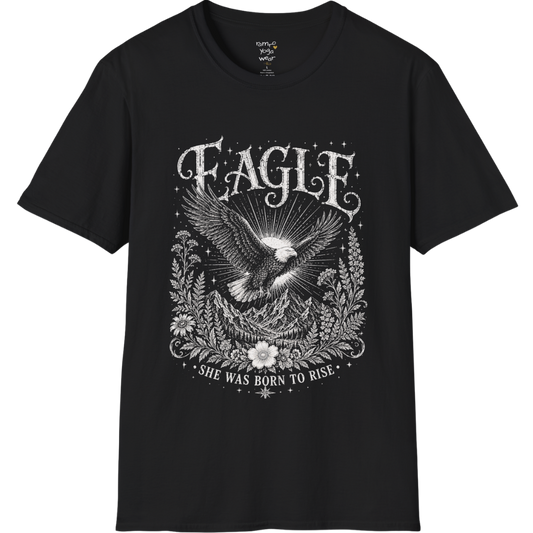 Ramro Yoga Wear Eagle tee in Black — eagle in flight sun rays botanical vintage design, flat lay product shot