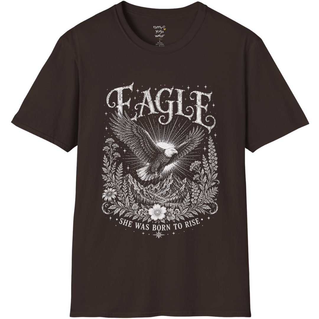 Ramro Yoga Wear Eagle tee in Dark Chocolate — eagle in flight sun rays botanical vintage design, flat lay product shot