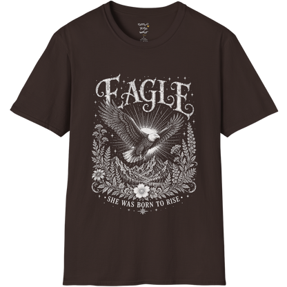 Ramro Yoga Wear Eagle tee in Dark Chocolate — eagle in flight sun rays botanical vintage design, flat lay product shot