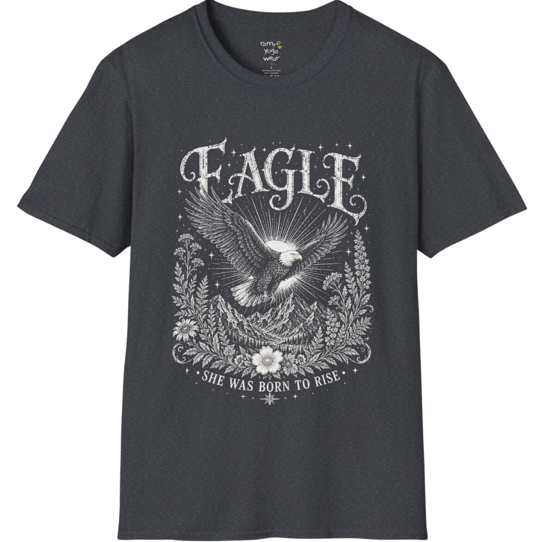 Ramro Yoga Wear Eagle tee in Dark Heather Grey — eagle in flight sun rays botanical vintage design, flat lay product shot