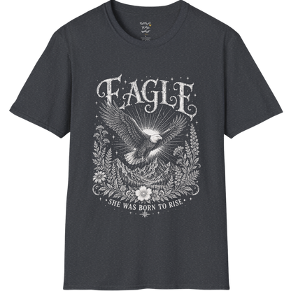Ramro Yoga Wear Eagle tee in Dark Heather Grey — eagle in flight sun rays botanical vintage design, flat lay product shot