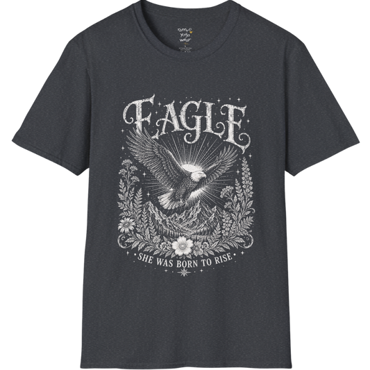 Ramro Yoga Wear Eagle tee in Dark Heather Grey — eagle in flight sun rays botanical vintage design, flat lay product shot