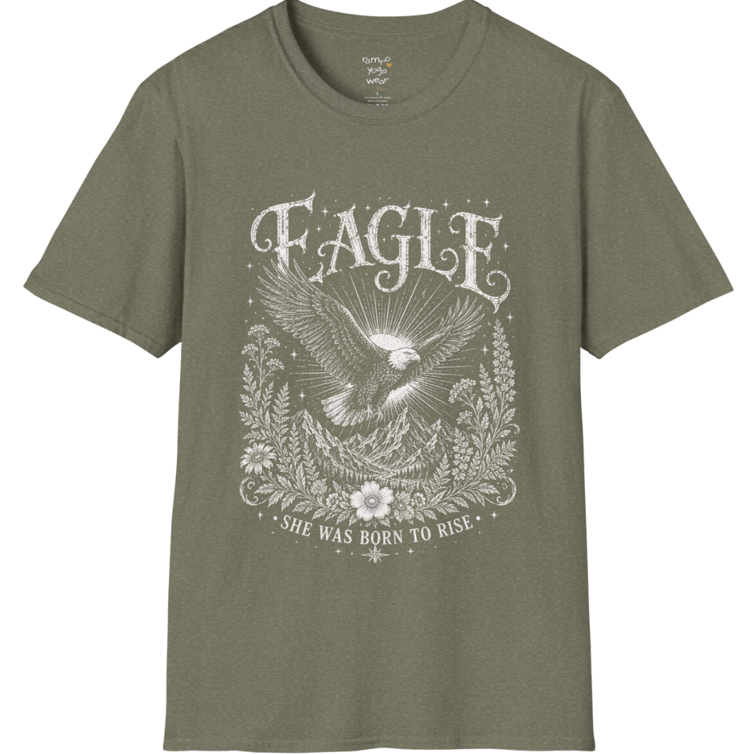 Ramro Yoga Wear Eagle tee in Heather Military Green — eagle in flight sun rays botanical vintage design, flat lay product shot