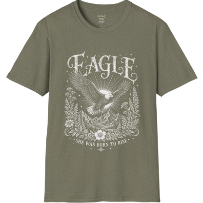 Ramro Yoga Wear Eagle tee in Heather Military Green — eagle in flight sun rays botanical vintage design, flat lay product shot