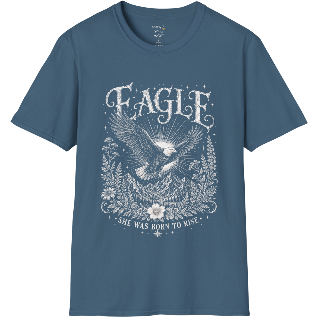 Ramro Yoga Wear Eagle tee in Indigo Blue — eagle in flight sun rays botanical vintage design, flat lay product shot