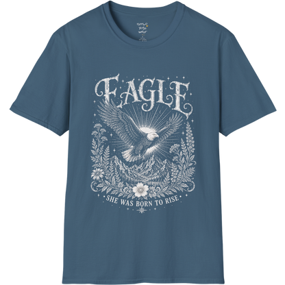 Ramro Yoga Wear Eagle tee in Indigo Blue — eagle in flight sun rays botanical vintage design, flat lay product shot