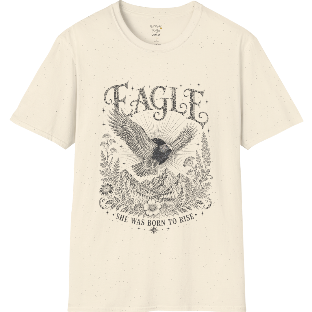 Ramro Yoga Wear Eagle tee in Natural — eagle in flight sun rays botanical vintage design, flat lay product shot