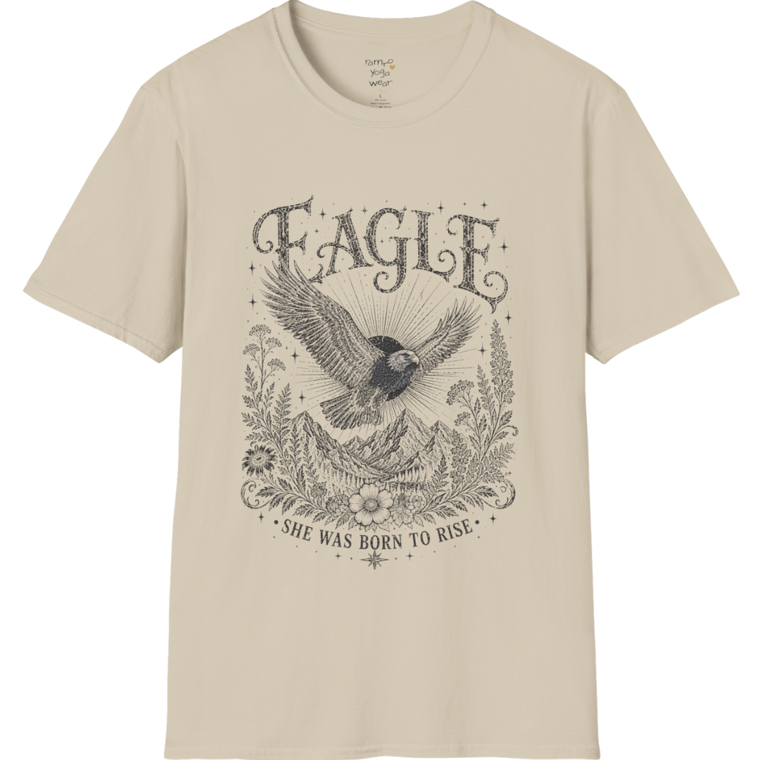 Ramro Yoga Wear Eagle tee in Sand — eagle in flight sun rays botanical vintage design, flat lay product shot
