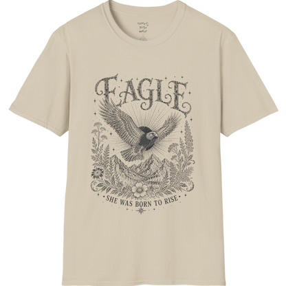 Ramro Yoga Wear Eagle tee in Sand — eagle in flight sun rays botanical vintage design, flat lay product shot