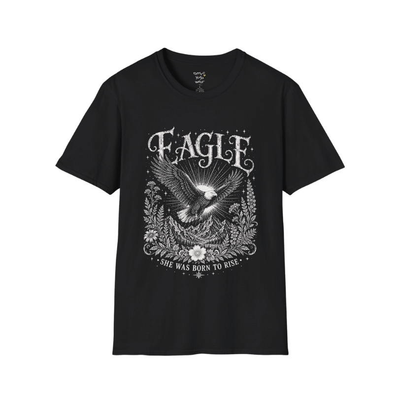 Ramro Yoga Wear Eagle tee in Black — eagle in flight sun rays botanical vintage design, flat lay product shot